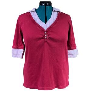 Lane Bryant Faux Layered 1/2 Sleeve Collar Blouse V Neck Plus Size 14W/16W Red